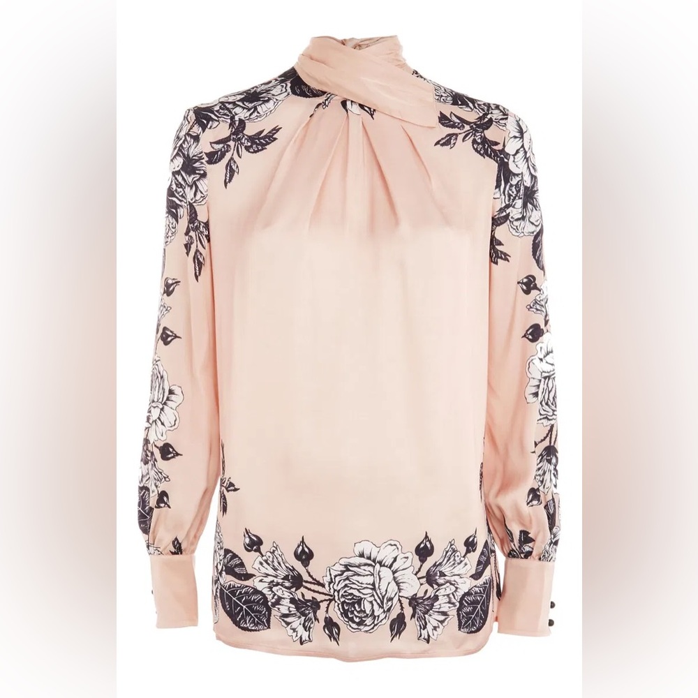 New $110 Topshop Floral Necktie Pink Blouse Size 6